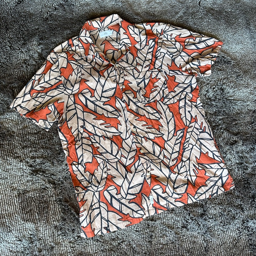 Onia Tropical Leaf Print Shirt in Orange and Cream